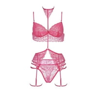 Нова секси модна дантелена бельо бельо за спално облекло стоманен пръстен пижама жартиер горещо розово + l