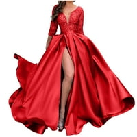 Usmixi рокли за жени вечерни парти абитуриентски абитуриент елегантен висок талия с теглене на прорез искрящо пайети дълги рокли солидни дълги ръкави v-образно деколте Макси Официални рокли за жени червени