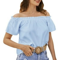 Тениски fsqjgq v врат за жени модерни бяла v врат тениска жени едноредови рамо твърди цвят извън рамо разрошена тениска синя xxl
