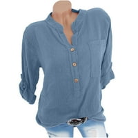 Yyeselk Summer дамски памучни бельо блузи Причинен бутон нагоре V-Neck Roll Up Маншет с къси ръкави Туника върхове модни чисти цветни ризи с джоб червен XL