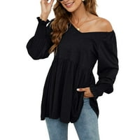 Женски разхлабен ръчен хем маншет блуза с дълъг ръкав висок нисък пеплум топ твърди елегантни пуловерни ризи черни s