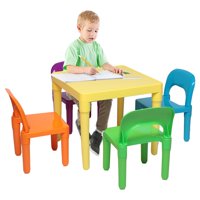 Комплект пластмасова маса и стол за деца, едно бюро и четири стола