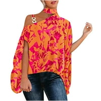 Тениски за летни жени- отпечатани халтер шия модни секси върхове от свободното време Top Pullover с къси ръкави върхове оранжево
