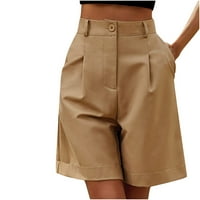 Hfyihgf дамски бермудски къси панталони ежедневни бутон с висок талия широк крак шорти на коляното Пълнене на солиден цвят Лятна офисна работа Шорти с джобове