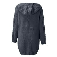 Пуловери за лабакиха за жени жени зимна мода дълъг ръкав твърд цветен плетен качулка пуловер жилетка отворен фронт дълъг жилетка дамски върхове с дълъг ръкав сив сив