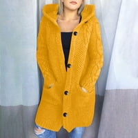 Dtydtpe Зимни палта за жени, нови ежедневни дълги ръкави дами дами твърди палта сгъстени пуловер Кардиган пуловер с голям палто със средна дължина есен и зимно жълто