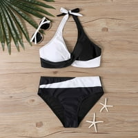 Cara Lady Women's Two-Piece Sexy Swimsuit Stitching Split Slid Color Halter Bikini White M
