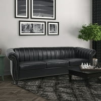 Cosotower 84 '' Black Pu Rolled Arm Chesterfield Три местен диван