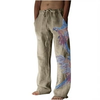 Ecqkame Meens Linen Beach Pants Летният памук и бельо с широки крака панталони отпечатани дантели нагоре спорт