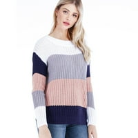 Royallove Women's Fashion Stripe Color Contrast Cround Neck Raglan дълъг ръкав плетат пуловер отгоре