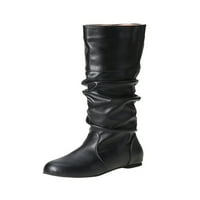 Ferndule дами широко-галпат плосък ботуш ходене комфорт издърпайте модната еластична слака Mid-Calf Boots Black 7
