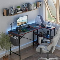L Оформено компютърно бюро Малко домашен офис бюро с рафт за съхранение и чанта за съхранение, игрално бюро за работа за работа, писане и обучение, пестене на пространство, черно