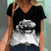 Penkiiy Fashion Woman Причина за печат на V-образно деколте блуза с къс ръкав тениска летни върхове летни ризи и блузи S черно на разстояние