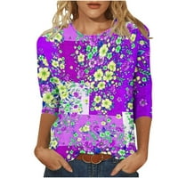 Клирънс под $ charella женски моден отпечатан хлабав тениска със средна дължина ръкави блуза кръгла шия ежедневни върхове лилаво, m