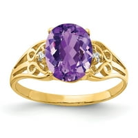 Солиден 14k жълто злато аметист лилаво февруари скъпоценен диамантен годежен пръстен с размер 7