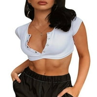 Enjowell женски плътни цветни копчета Затваряне Scoop Neck Leck Short Luese Crop Tops