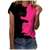 Ecqkame жени летни тениски Небрежен печат пуловер с къс ръкав тениска топчета блуза на хлабина горещо розово m