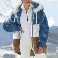 Hfyihgf дамски зимен размито яке от руно яке с качулка цветен блок пачуърк кардиган палта цип на връх с джобове （khaki, m)