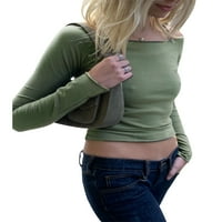 CODUOP Женски ежедневни основни офрови риза на рамо върхове с дълъг ръкав тънък прилепен блуза тениски