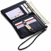Портфейли за жени малки RFID двойни дамски портфейли Прътка за смяна на чантата за картичка с каишка за китката --- черно
