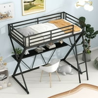 Таванско легло с двойно място с бюро, стълба и пълна дължина на парапетите, рамка с форма на X, черно