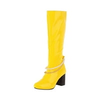 Женски обувки обувки на висок ток Небрежна зимна лъскава перлена верига солиден цвят заострен страничен цип коляно високи ботуши работи жълто 4.5