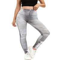 Хаит дами фалшиви дънки с висока талия Fau Denim Pant Control Pencil Pants Twing панталони Йога дупе вдигане на дъното сиво l