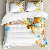 Комплект за покритие на Dragonfly, абстрактен гръндж дизайн молец пролетни цветя Арт печат, декоративен комплект спално бельо с шамари на възглавници, Калифорния Кинг, Жълто оранжев