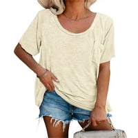 Plnotme женски тениски тениски с къс ръкав класически кръгла шия мек плътни цветни разхлабени ризи летни ежедневни върхове с джоб S-2xl