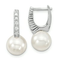 Sterling Silver Majestik Rhodium-lected White Imitation Shell Pearl CZ Hoop Dangle Oights