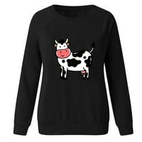 Жени зимна мода ежедневна крава печат кръгла шия разхлабена тениска с тениска с дълъг ръкав черно xxl