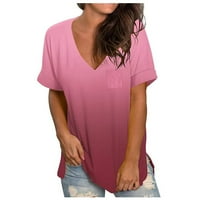 Дамски тениски свободни годни за врата джобни върхове на модата на градиент цвят Сплит с къс ръкав Основни тениски