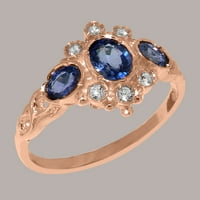 Британски направени 9K Rose Gold Natural Sapphire & Cubic Zirconia Womens Ring Ring - Опции за размер - размер 10.5