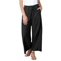 Панталони за ленени панталони за жени, пронизвани през летните панталони за жени, ежедневни разхлабени теглене с висока талия панталони с панталони с джобове с джобове с джобове