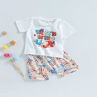 Денят на независимостта бебешки момчета дрехи Писмо печат Екипаж Врат с къс ръкав Тениски Звезди Stripe Hat Fireworks Print Shorts Комплект, 0- години