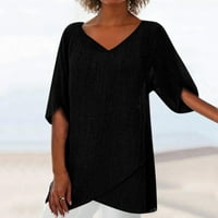Fjofpr дамски върхове дамски лято плюс размер тениски с къс ръкав v-образен памучен твърд цвят нередовен ежедневен блуза