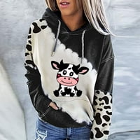 Дамски суитчъри женски качулки суичъри сладък крава принт с дълъг ръкав пуловер с качулка суичъри черни xl