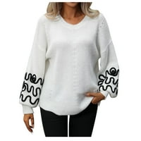 Absuyy пуловери за жени Просвещение плетен с дълъг ръкав Мода солиден цвят пуловер v Врат пуловер Топ Уайт размер l