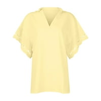 Женски ризи Женски моден лятна дантелена облицовка V Врат Сълтик цвят с къс ръкав Небрежни върхове на ризата Жълт XL