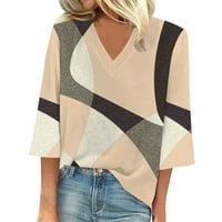 Yyeselk ежедневни дамски есенни ризи свободно време ръкави секси v-образни туники върхове модерни цветови блок геометрични печат блузи удобни каки m