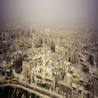 Въздушен изглед на град в пясъчна буря, алепо, печат на плакат в Сирия