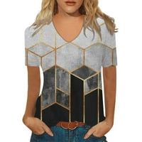 Женски тениска с къси ръкави отпечатан памучен плот имитация на V-образно деколте