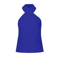 Ризи за жени ежедневни тънък цип висящ врата тениски твърди цветове без ръкави за шевове, синьо, L