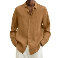 Zlekejiko Male Summer Cotton Linen Solid Casual Plus Size Loose Rish Mens Отпуснете яката с дълъг ръкав риза