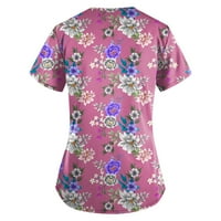 Дамски върхове с къс ръкав флорална блуза ежедневни жени летни ризи за врата на екипажа розов xl