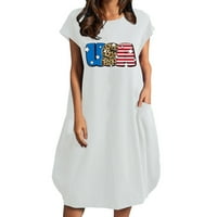 Женски рокли Деня на независимостта Американски флаг писмо отпечатано свободно късо ръкав кръгла шия с джоб 4 юли, САЩ флаг Разхлабени рокли за жени