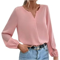 Bvnarty жени модна v-образна тъкан цвят дълъг ръкав фенер ръкав блузи риза върхове розово xxl