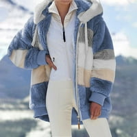 Зимно плюшено палто за жени цветен блок с дълъг ръкав жилетка небрежно свободно годно яке с качулка покрива и дрехи m
