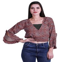 Moomaya Printed Womens Crop Top Wrap Style Top Wear Ruffle дълъг ръкав ежедневно лятна блуза