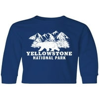 Национален парк с мастиленост Йелоустоун с мечки планини и дървета младежки тениска с дълъг ръкав